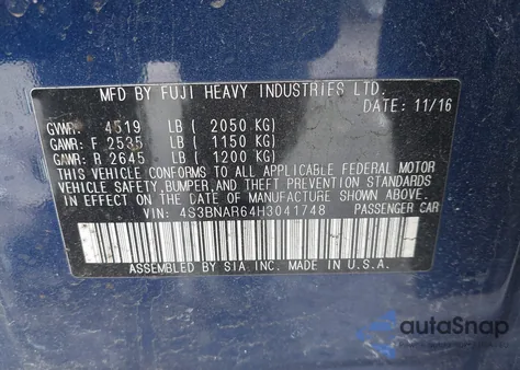 2017 Subaru Legacy 2.5I Sport from USA, damaged, VIN 4S3BNAR64H3041748